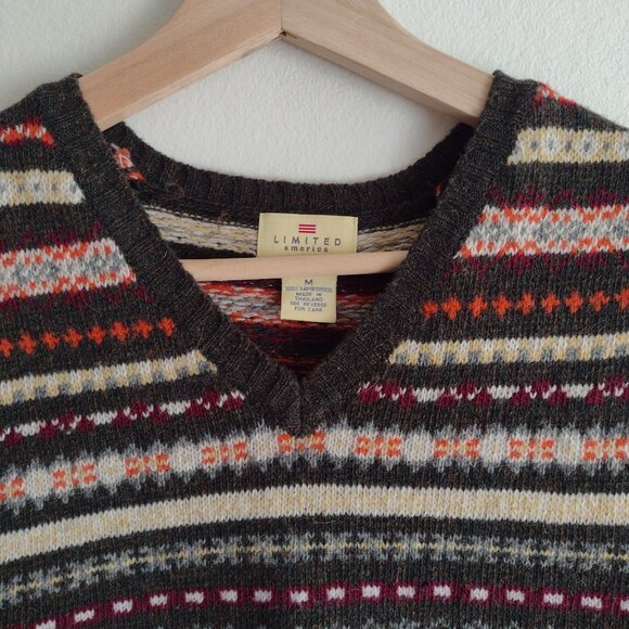 Vintage 90s Fair Isle Wool Sweater Vest M Multicolor Striped V-neck by Limited - Picture 3 of 10